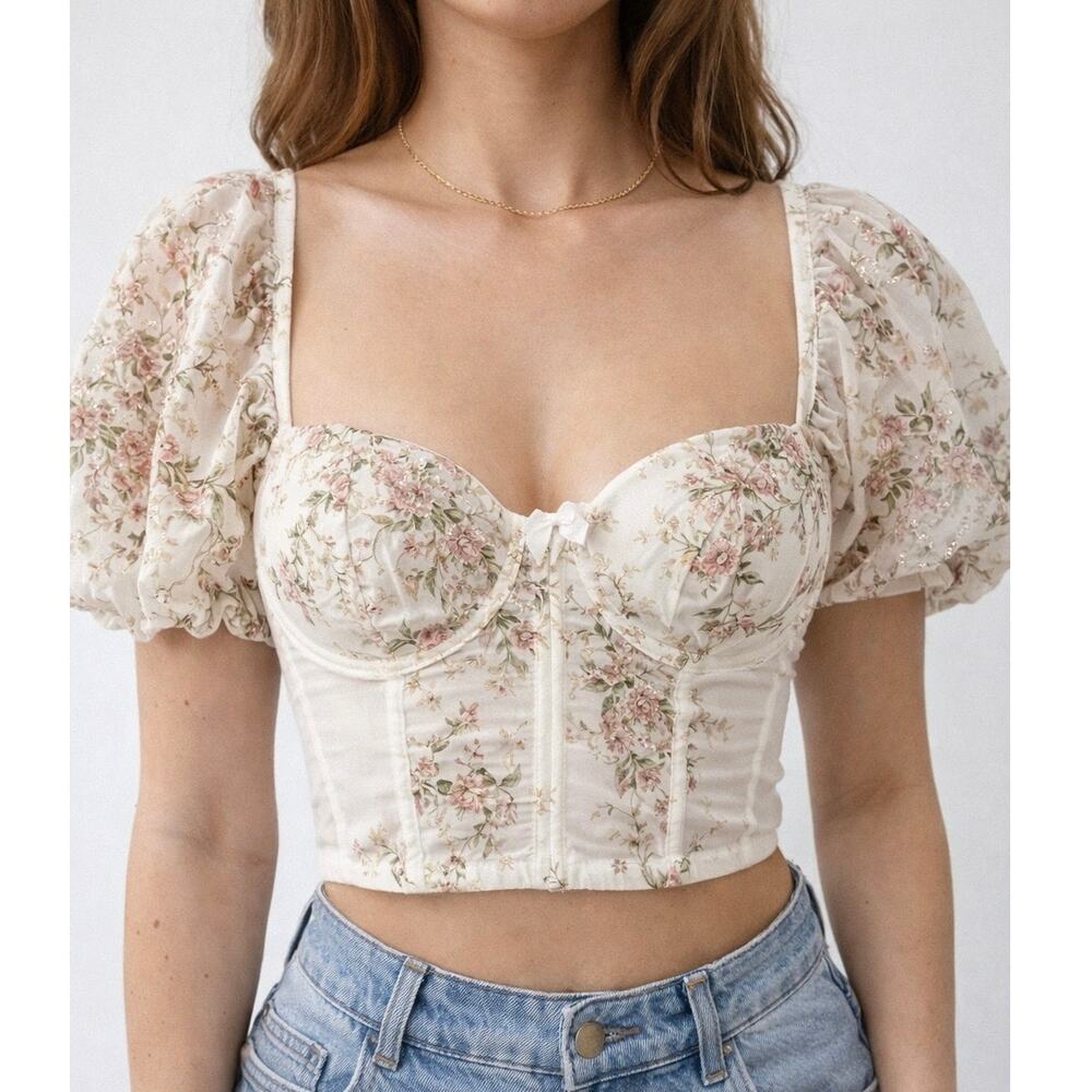 Floral Corset Crop Top Puff Sleeve Bustier Cottagecore Romantic Boho Chic Fit M